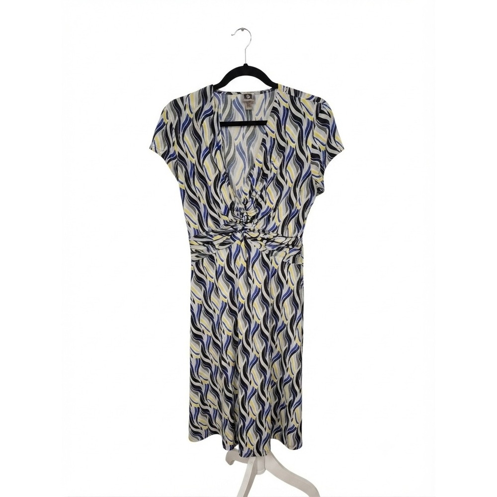 Anne Klein Womens Abstract Wave Print V-Neck Knot Waist Midi Dress Blue Yellow M